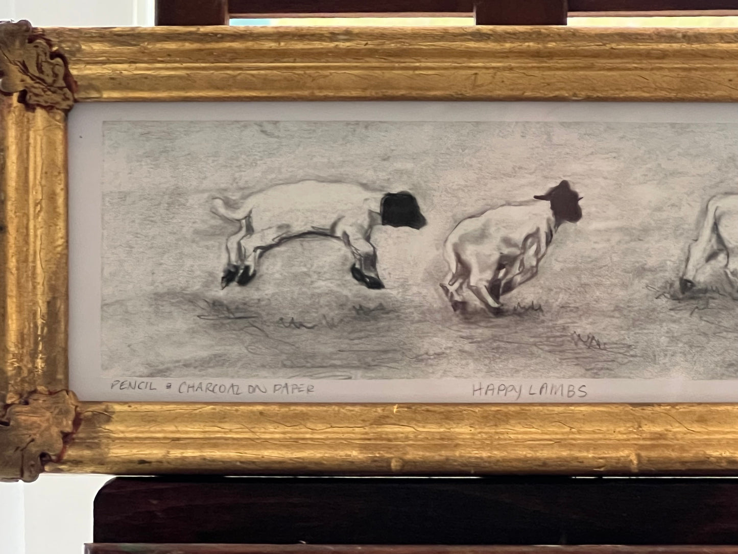 "Happy Lambs" 4.5x11 Charcoal & Pencil on Paper in Antique Frame