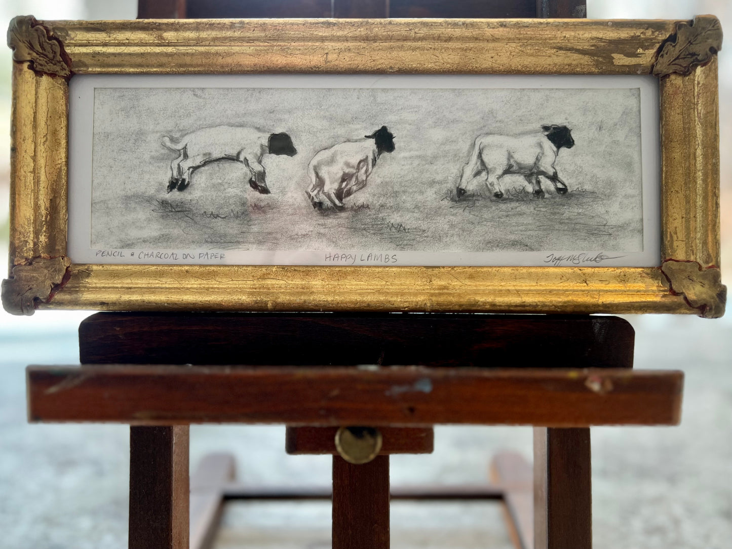 "Happy Lambs" 4.5x11 Charcoal & Pencil on Paper in Antique Frame