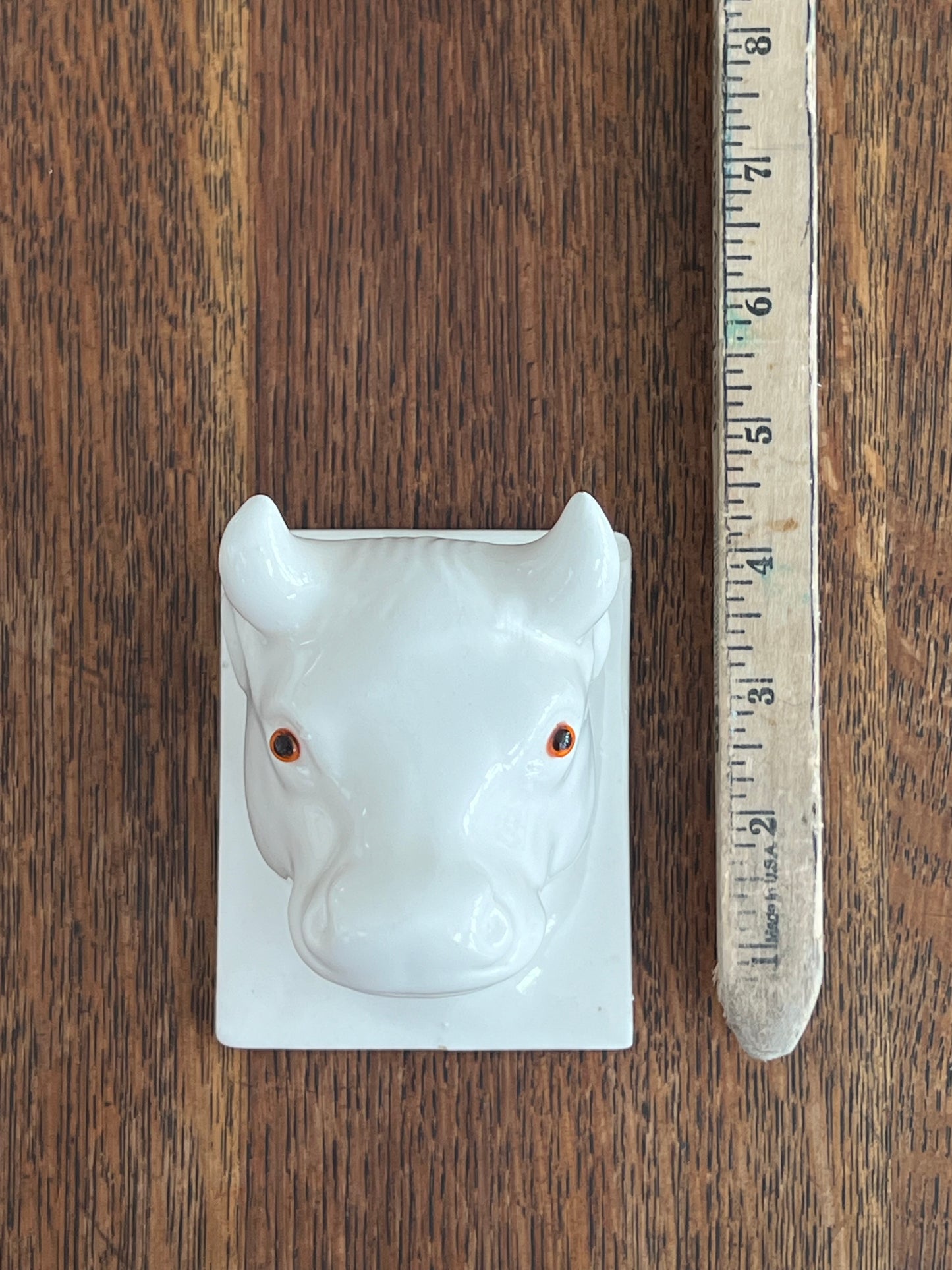 Vintage White Ceramic Cow with Orange Eyes Hook/Hanger