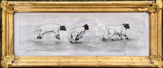 "Happy Lambs" 4.5x11 Charcoal & Pencil on Paper in Antique Frame
