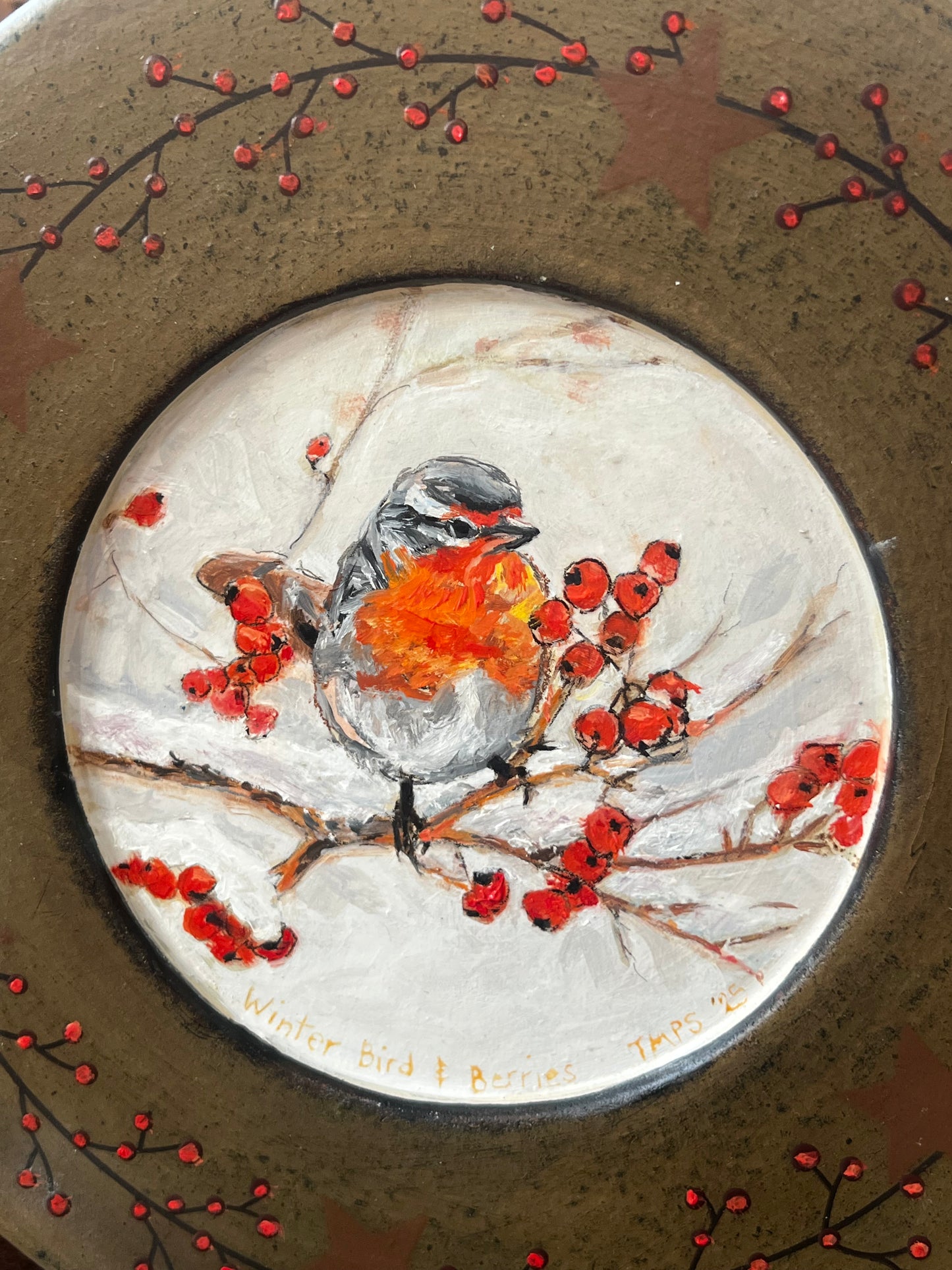 "Winter Bird and Berries" 8x8 Oil on Decorative Plate
