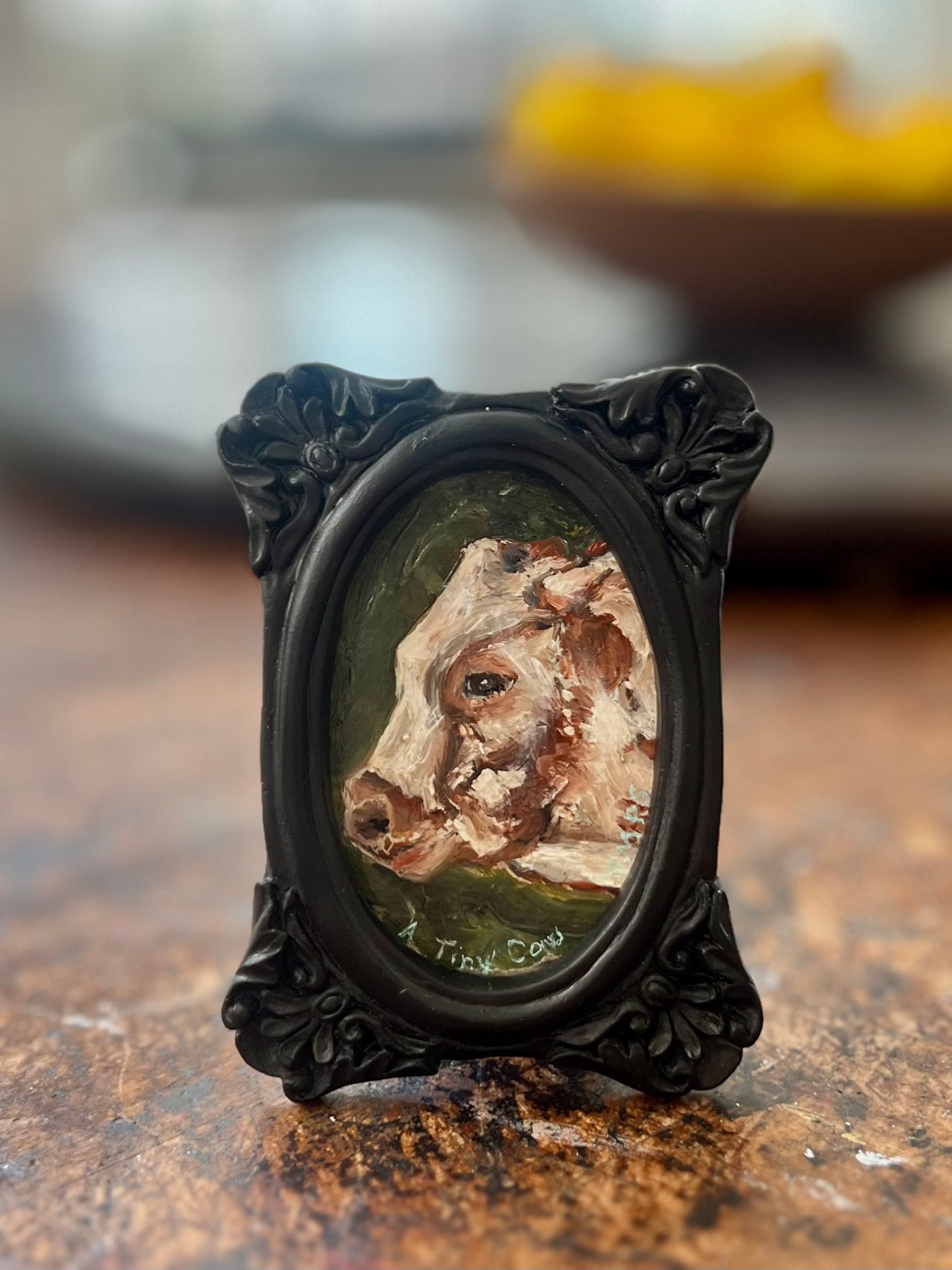 "A Tiny Cow" 3x4 oil on board