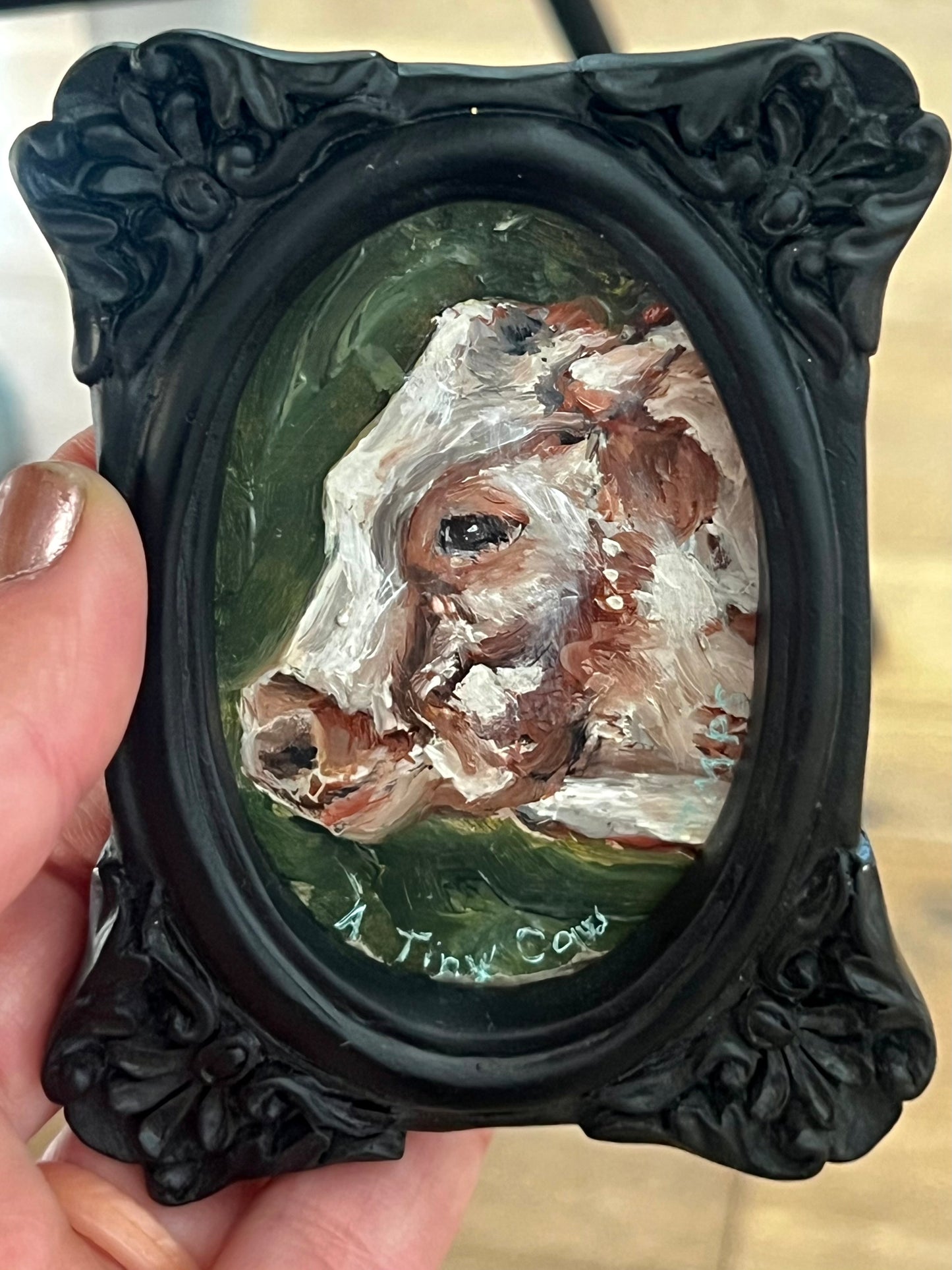 "A Tiny Cow" 3x4 oil on board