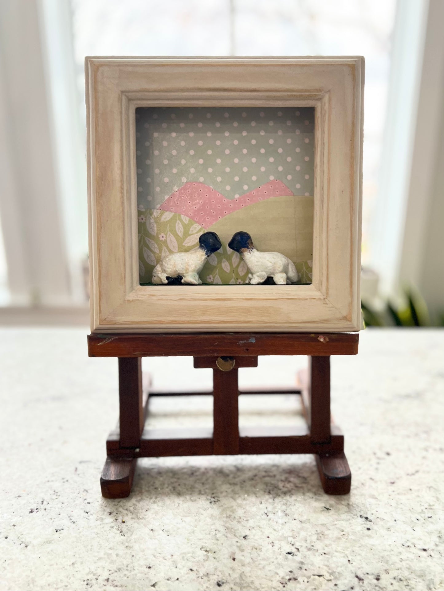 "Love Ewe!," 9x9 handmade clay sheep in shadow box frame