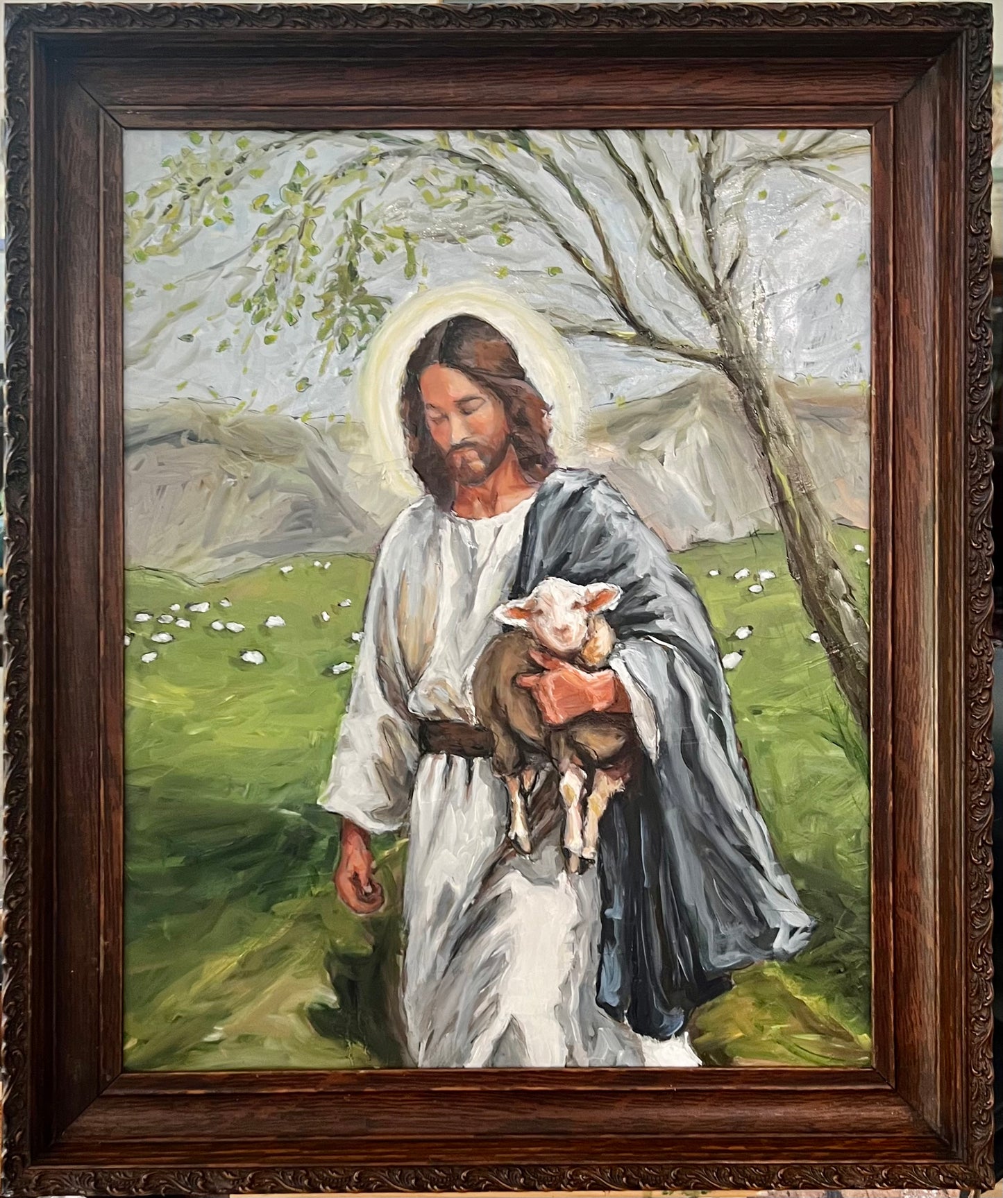 "He Gathers the Lambs in His Arms" 20x24 Oil on Board