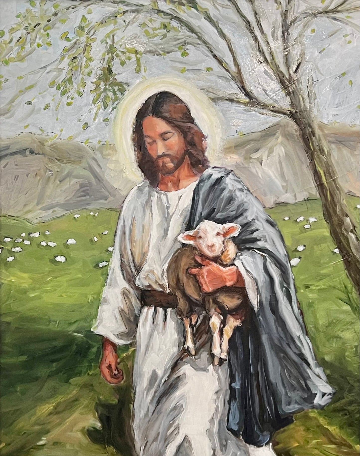 "He Gathers the Lambs in His Arms" 20x24 Oil on Board